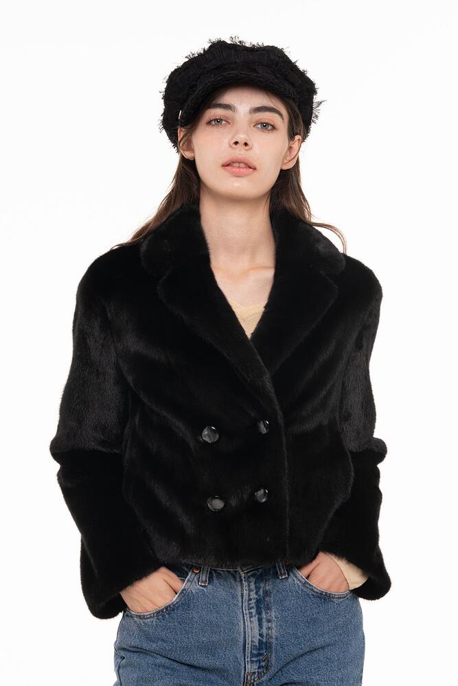 Black Tailored Double Button Cropped Mink Jacket