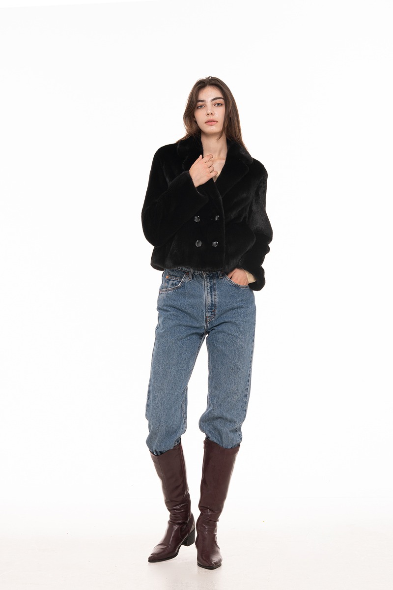 Black Tailored Double Button Cropped Mink Jacket